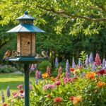 Attract Birds: "Bird feeders attracting different bird species in a garden."