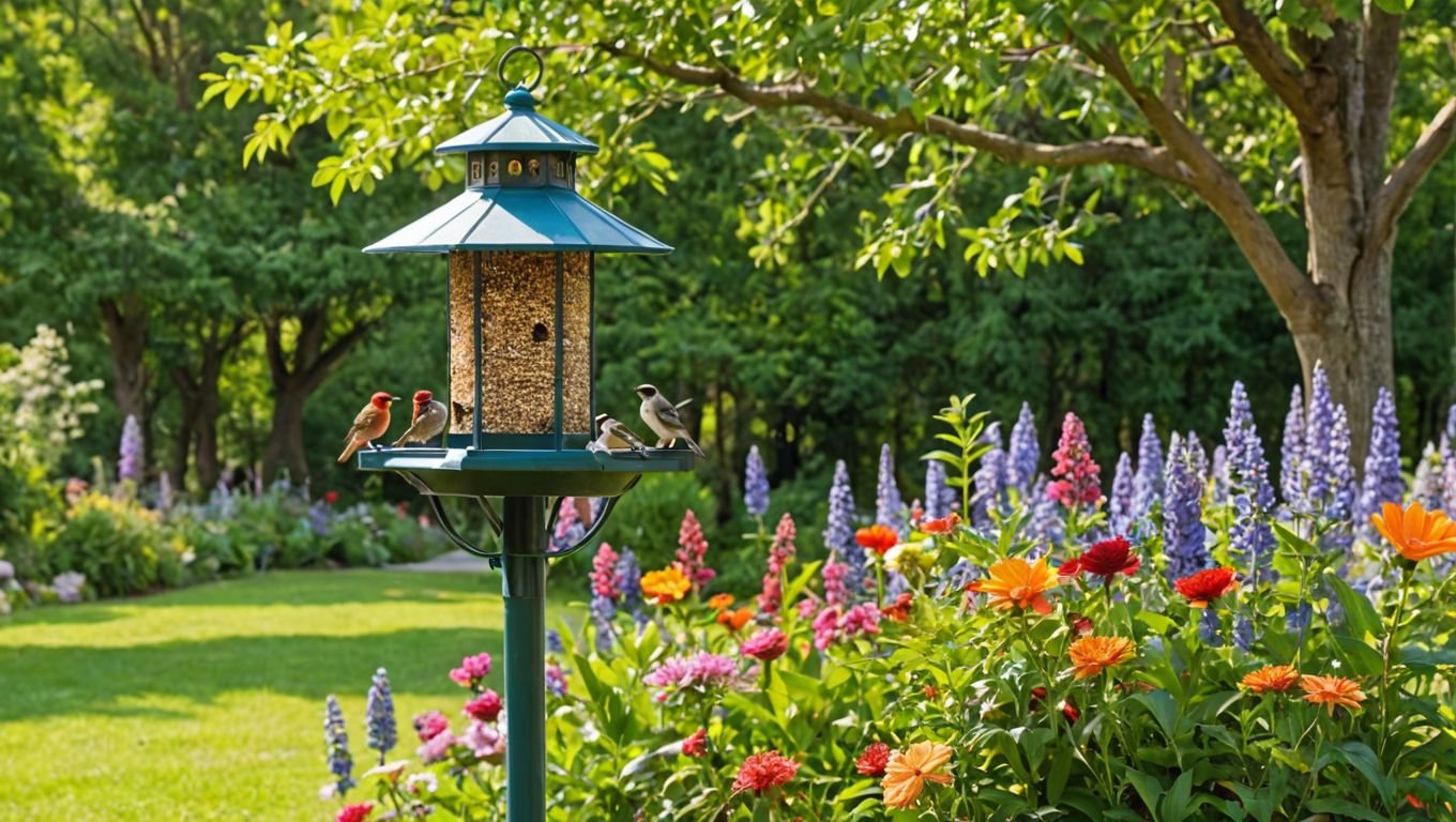 Attract Birds: "Bird feeders attracting different bird species in a garden."