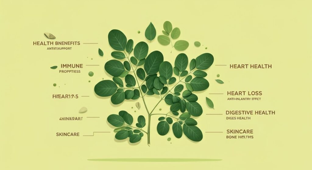 Hhealth Benefits: "Illustration of the 8 powerful health benefits of moringa leaves, including immune support, antioxidant properties, anti-inflammatory effects, heart health, weight loss, digestive health, skincare, and bone health."