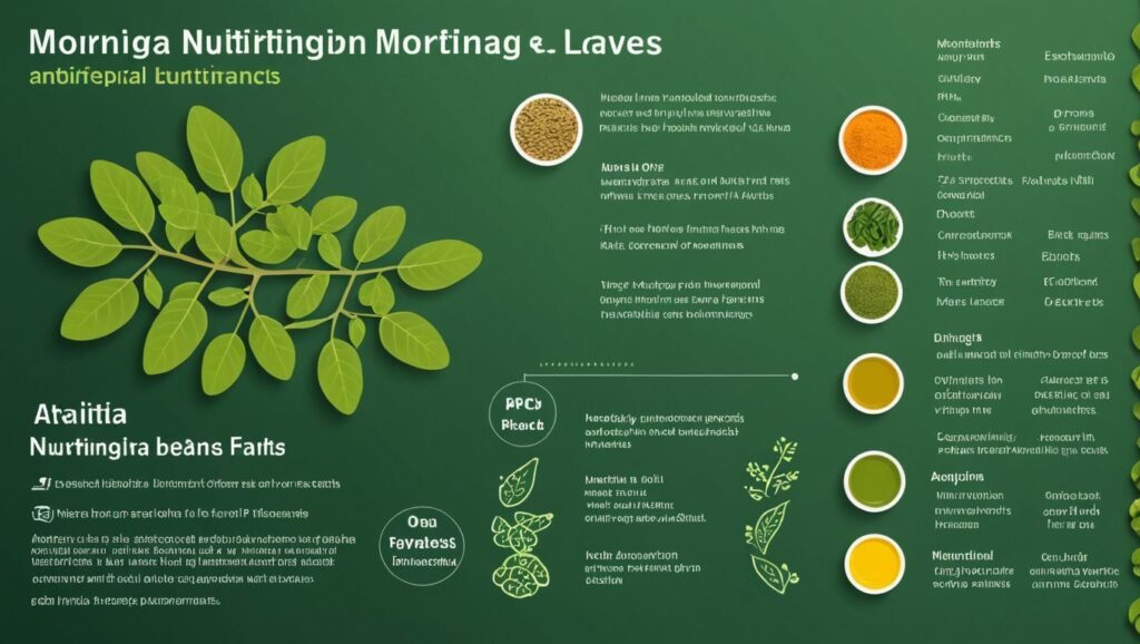 "An infographic detailing the nutritional profile of moringa leaves, highlighting essential vitamins, minerals, and antioxidants that contribute to its health benefits."

Alt text: "Infographic showing the nutritional profile of moringa leaves with essential vitamins, minerals, and antioxidants."