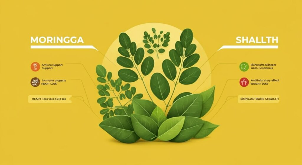 Health Benefits: "Illustration of the 8 powerful health benefits of moringa leaves, including immune support, antioxidant properties, anti-inflammatory effects, heart health, weight loss, digestive health, skincare, and bone health."