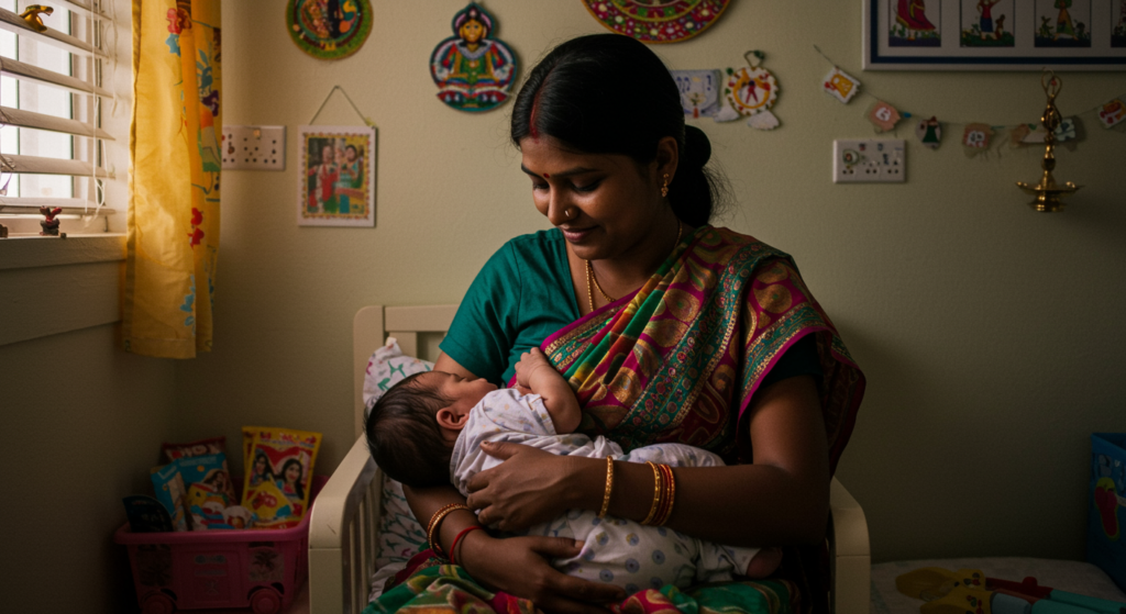 Newborn Baby Care: “A mother breastfeeding her newborn baby in a cozy nursery”

Alt Text: Mother breastfeeding her newborn baby.