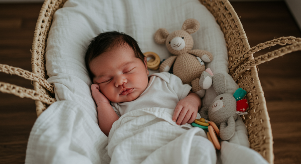 “Newborn baby sleeping peacefully in a crib with a soft blanket”

Alt Text: Newborn baby sleeping peacefully in a crib.