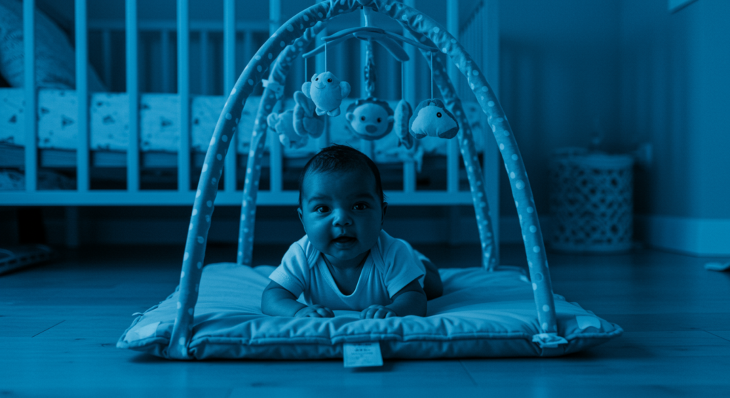 “Newborn baby enjoying tummy time on a soft play mat”

Alt Text: Newborn baby enjoying tummy time.