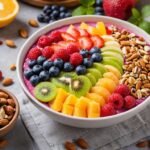 Nutritious Breakfast: "A vibrant smoothie bowl topped with fresh fruits and nuts"