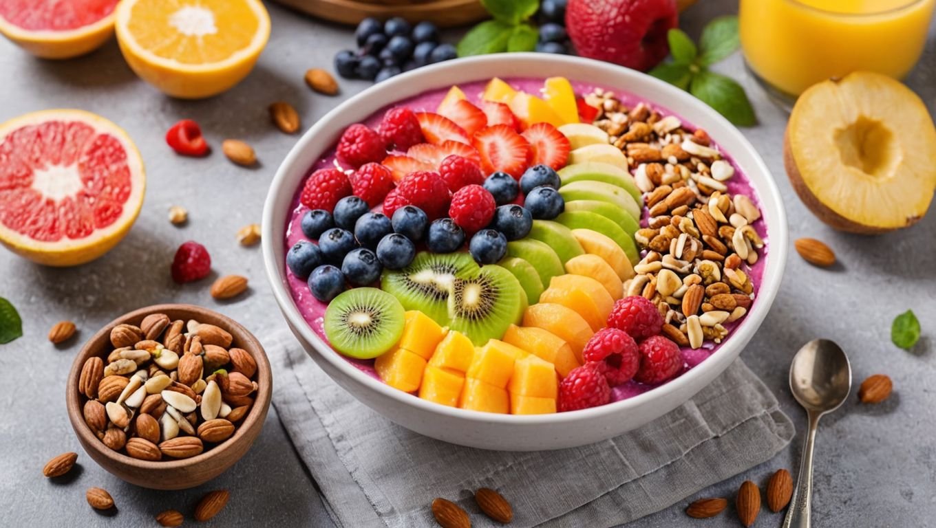 Nutritious Breakfast: "A vibrant smoothie bowl topped with fresh fruits and nuts"