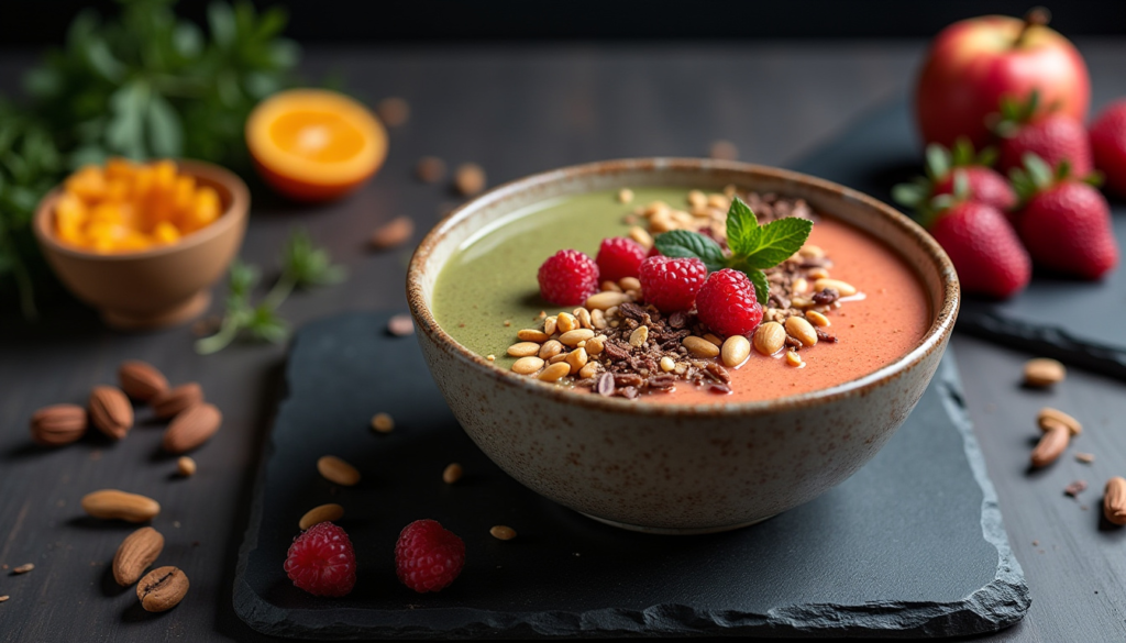 Nutritious Breakfast: "A vibrant smoothie bowl topped with fresh fruits and nuts"