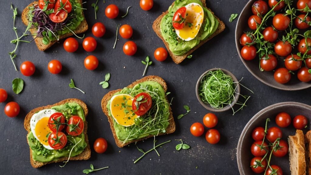 Nutritious breakfast: "Avocado toast topped with cherry tomatoes and microgreens"

Alt Text: Avocado toast topped with cherry tomatoes and microgreens.