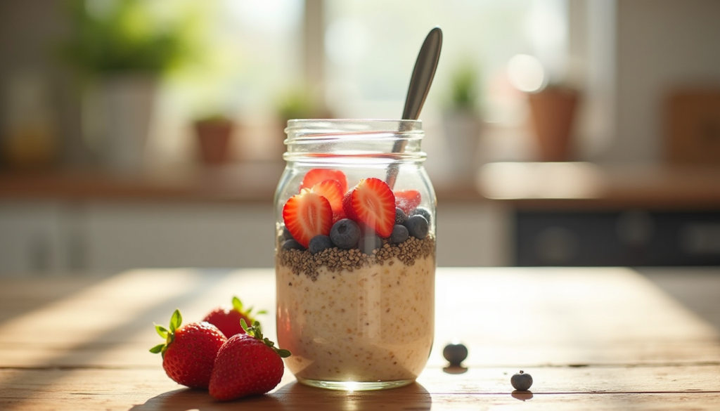 Nutritious Breakfast: A jar of chia pudding topped with fresh berries and mint leaves.

6. Nutritious Breakfast: Vegetable Omelette