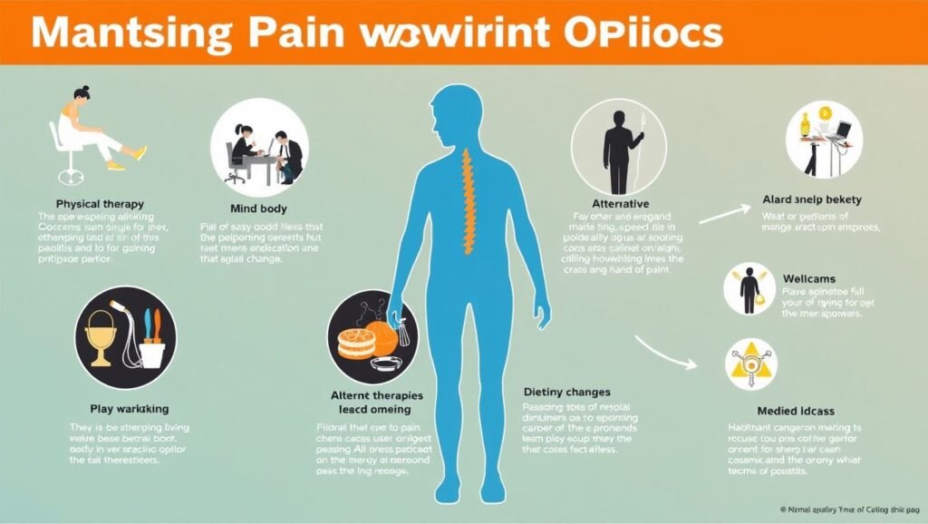 Manage Pain: "A detailed infographic showing the 5 best practices for managing pain without opioids, including visuals and brief descriptions of physical therapy, mind-body techniques, alternative therapies, dietary changes, and medical interventions." Alt text: "Infographic illustrating the 5 best practices for managing pain without opioids."