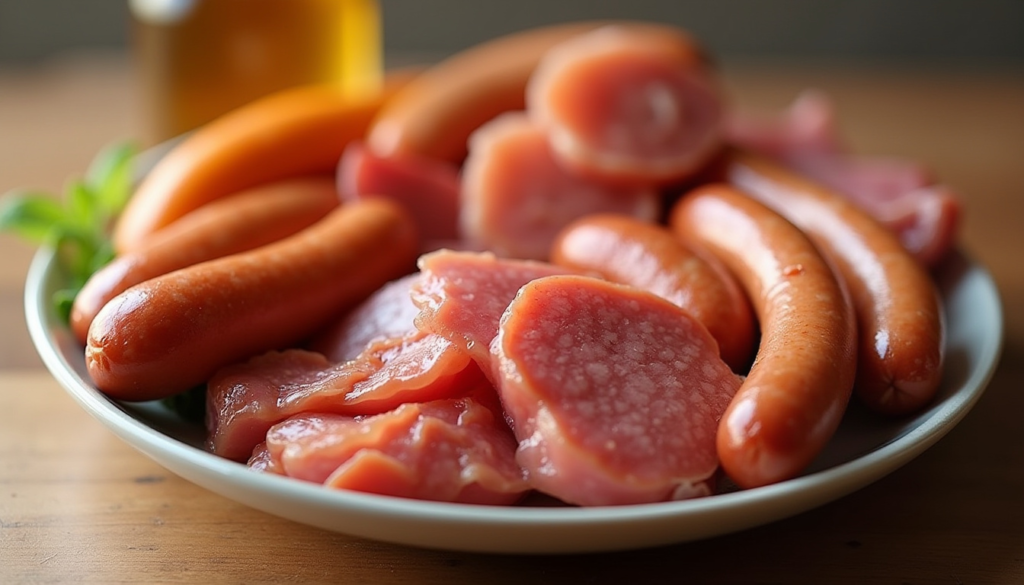 Toxic Foods: "A plate of various processed meats, such as sausages, hot dogs, and deli meats" Alt Text: A plate of various processed meats including sausages, hot dogs, and deli meats.