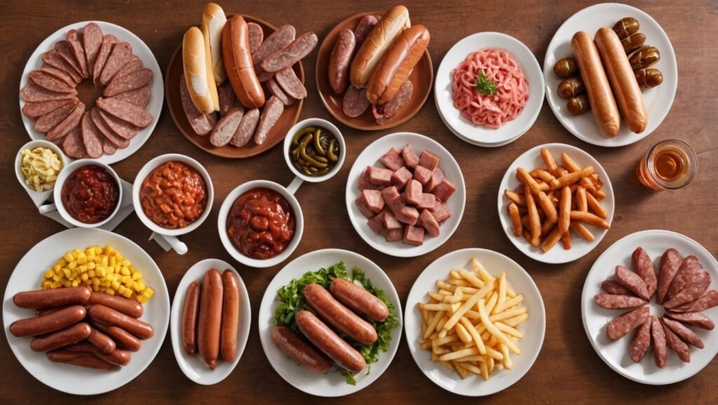 "A plate of various processed meats, such as sausages, hot dogs, and deli meats"

Alt Text: A plate of various processed meats including sausages, hot dogs, and deli meats.