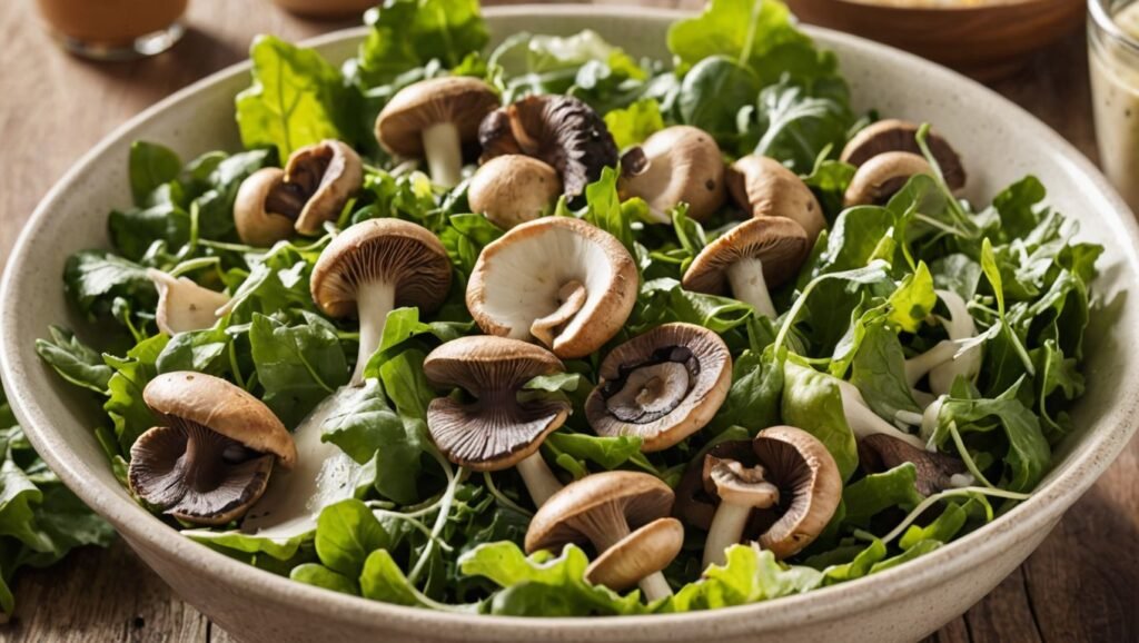 Rich in Vitamin D3: "A close-up of a bowl of UV-exposed mushrooms in a salad, with fresh greens and a light dressing, highlighting natural Vitamin D3 sources."
Alt Text:
"UV-exposed mushrooms in a fresh salad, a natural and plant-based source of Vitamin D3."