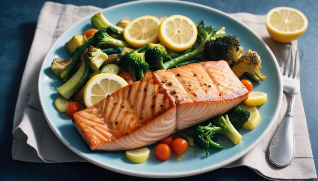 Rich in Vitamin D3: "A vibrant plate of grilled salmon served with steamed vegetables and a slice of lemon, showcasing a Vitamin D3-rich meal." Alt Text: "Grilled salmon with vegetables and lemon, a delicious and nutritious Vitamin D3-rich meal."