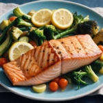 Rich in Vitamin D3: "A vibrant plate of grilled salmon served with steamed vegetables and a slice of lemon, showcasing a Vitamin D3-rich meal." Alt Text: "Grilled salmon with vegetables and lemon, a delicious and nutritious Vitamin D3-rich meal."