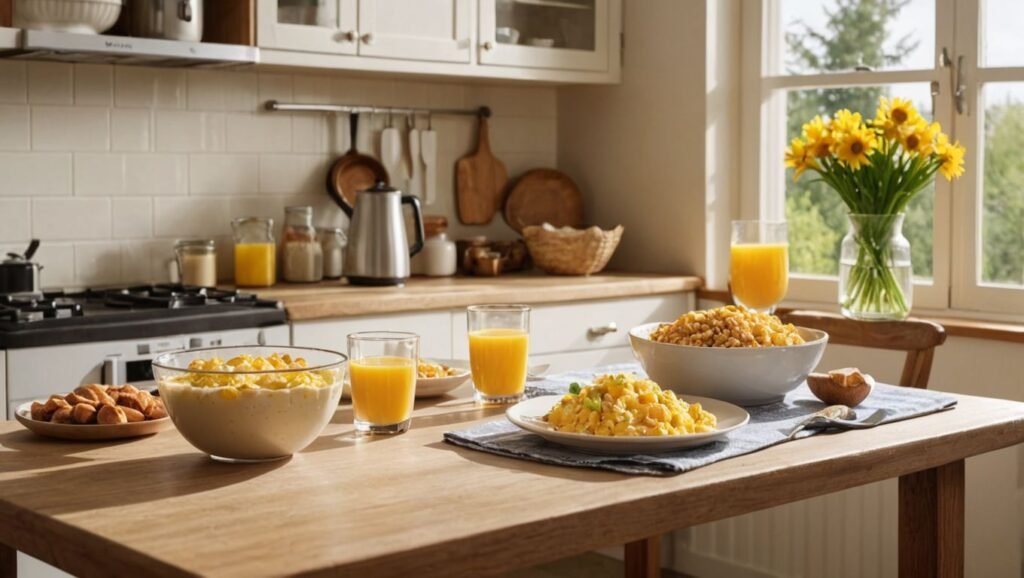 "A sunny kitchen scene with a glass of fortified milk, a bowl of fortified cereal, and a plate of scrambled eggs, representing breakfast rich in Vitamin D3."
Alt Text:
"Fortified milk, cereal, and scrambled eggs for a Vitamin D3-packed breakfast."