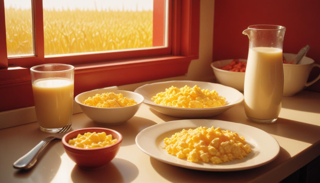 "A sunny kitchen scene with a glass of fortified milk, a bowl of fortified cereal, and a plate of scrambled eggs, representing breakfast rich in Vitamin D3." Alt Text: "Fortified milk, cereal, and scrambled eggs for a Vitamin D3-packed breakfast."