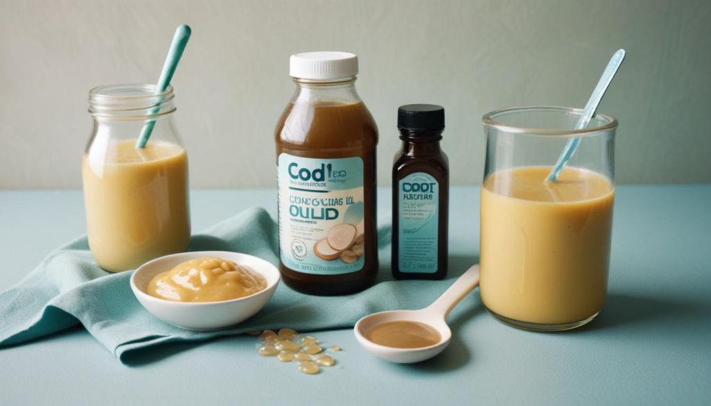 "A bottle of cod liver oil next to a spoon and a smoothie, illustrating how to incorporate this Vitamin D3-rich supplement into your diet."
Alt Text:
"Cod liver oil and a smoothie, a powerful source of Vitamin D3 for daily health."