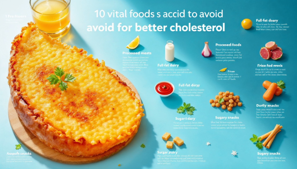 Vital Foods: "Illustration of 10 vital foods to avoid for better cholesterol, including fried foods, processed meats, full-fat dairy, and sugary snacks."