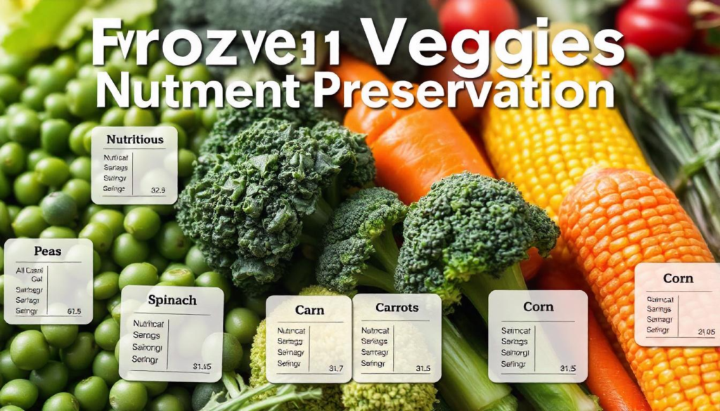 "Illustration of the nutrient preservation benefits of frozen vegetables, showing a variety of frozen veggies such as peas, spinach, broccoli, carrots, and corn, with labels indicating their nutritional values."