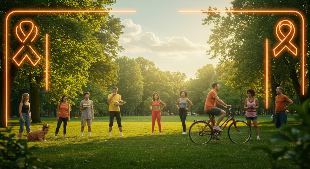 "A bright and engaging digital illustration showing a variety of cancer-prevention lifestyle choices. The image features a diverse group of people participating in activities such as eating organic meals, cycling, practicing mindfulness, staying hydrated, and using sun protection. The setting includes lush greenery and a sunny sky, reinforcing a healthy environment."
Alt Text: "A vibrant scene of people practicing cancer prevention habits like healthy eating, cycling, mindfulness, and hydration in a lush, sunlit park."