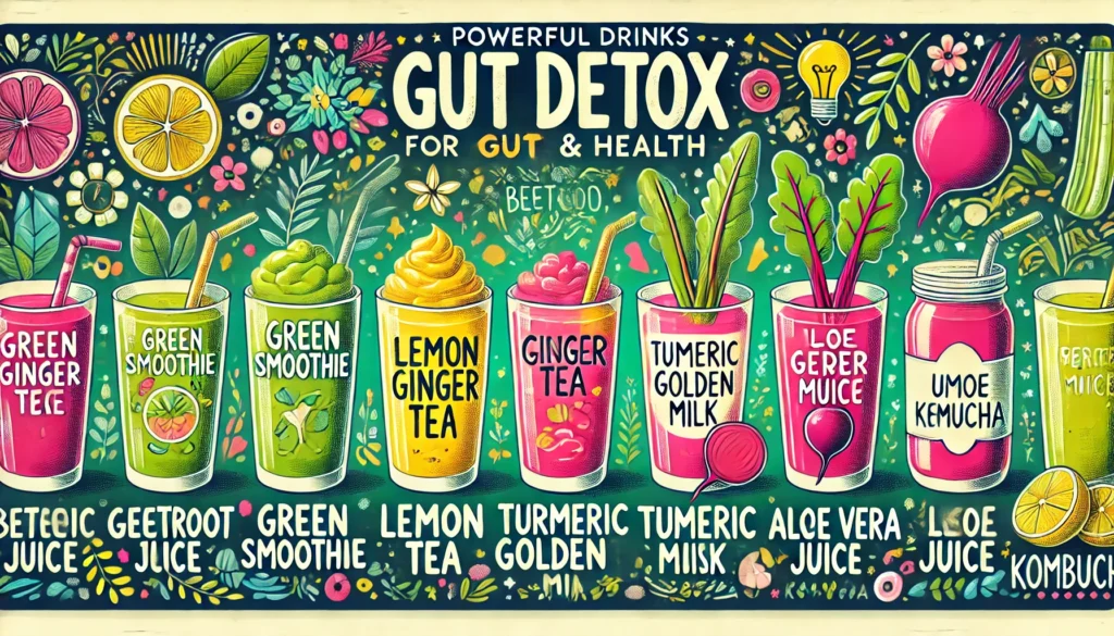 Gut Detox:"A vibrant illustration showcasing six powerful drinks for gut detox and health, each labeled with its name and benefits."

Alt text: Gut Detox:"Illustration of six powerful drinks for gut detox and health."