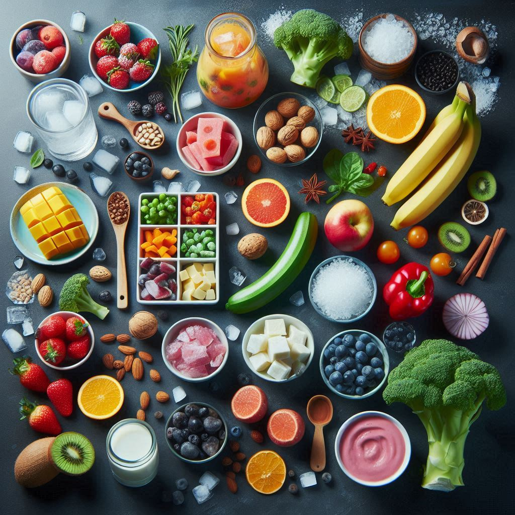 Foods to freeze: "Collage of 12 powerful foods for freezing, including fruits, vegetables, meats, seafood, dairy, and baked goods, arranged in a freezer."