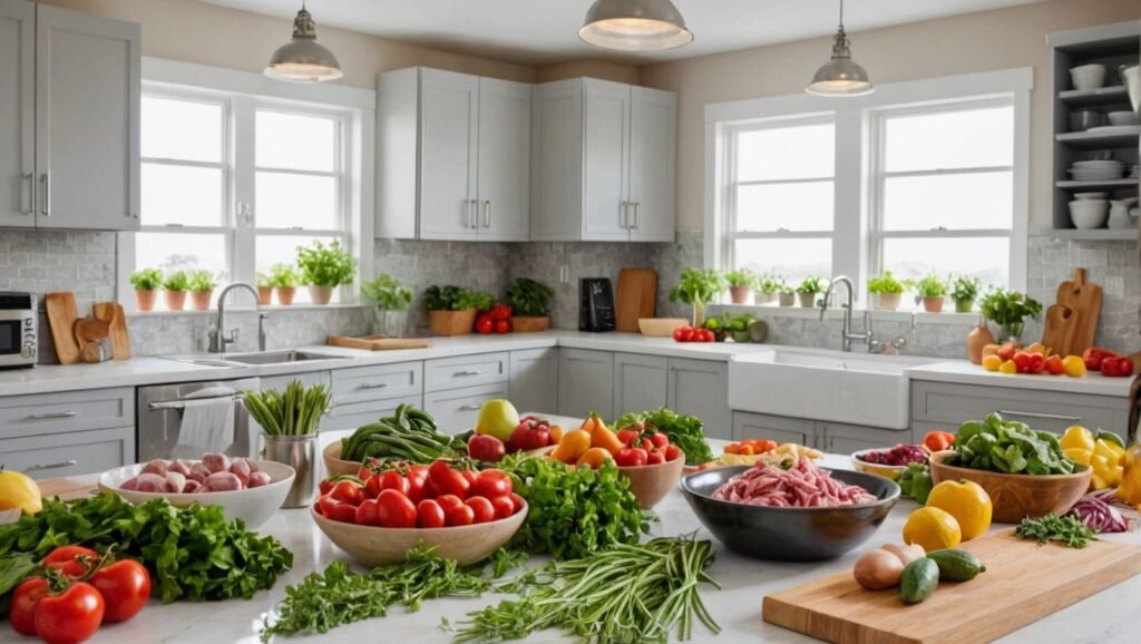 "A kitchen scene with fresh ingredients being prepared for freezing, including washing, chopping, and packaging different foods like vegetables, fruits, and meats."

Alt text: "Kitchen scene with fresh ingredients being prepared for freezing, including washing, chopping, and packaging vegetables, fruits, and meats."