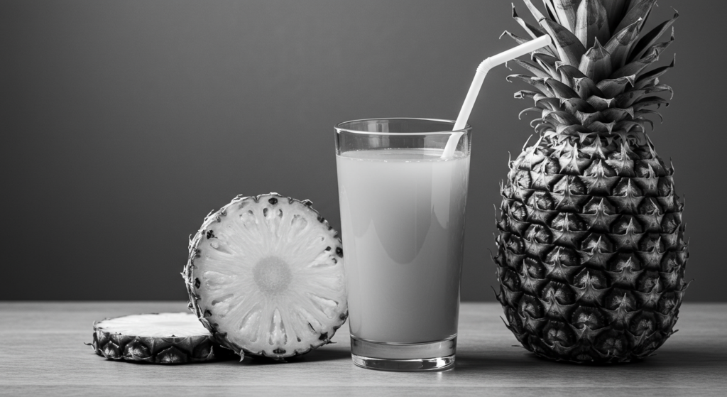 A glass of pineapple juice with a whole pineapple beside it, visually representing its potential parasite-cleansing effects."