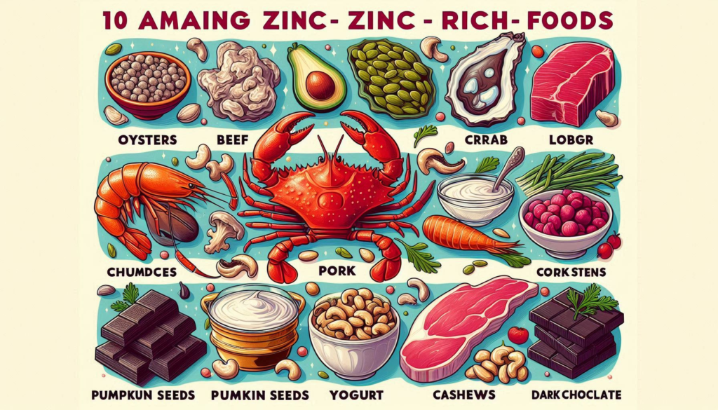 Prompt: "A detailed infographic highlighting the health benefits of 10 zinc-rich foods, with visuals and descriptions of oysters, beef, crab, lobster, pork, chickpeas, pumpkin seeds, yogurt, cashews, and dark chocolate, and their nutritional content."

Alt text: "Infographic highlighting the health benefits of 10 zinc-rich foods, including oysters, beef, crab, lobster, pork, chickpeas, pumpkin seeds, yogurt, cashews, and dark chocolate."