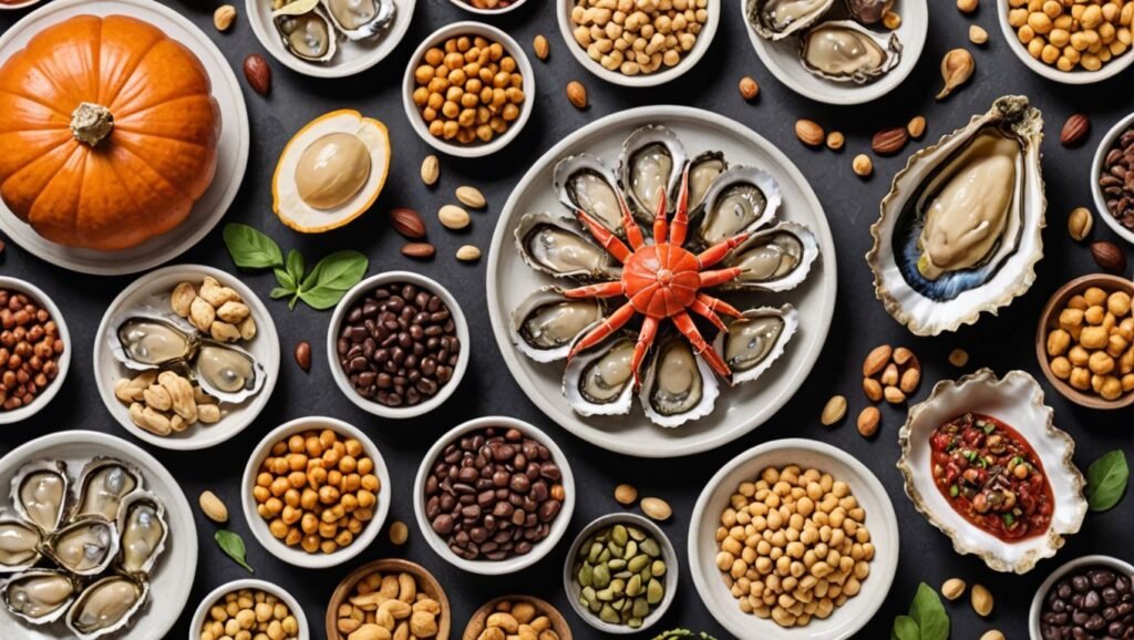 Prompt: "A vibrant illustration showcasing 10 amazing zinc-rich foods, featuring colorful images of oysters, beef, crab, lobster, pork, chickpeas, pumpkin seeds, yogurt, cashews, and dark chocolate, attractively arranged with labels."

Alt text: "Illustration of 10 amazing zinc-rich foods including oysters, beef, crab, lobster, pork, chickpeas, pumpkin seeds, yogurt, cashews, and dark chocolate."